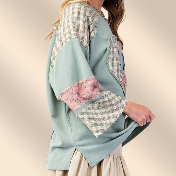 EASEL "Full Heart" Cotton Terry Mix Fabric & Print Embroidered Raw Frayed Edges - Picture 4 of 14